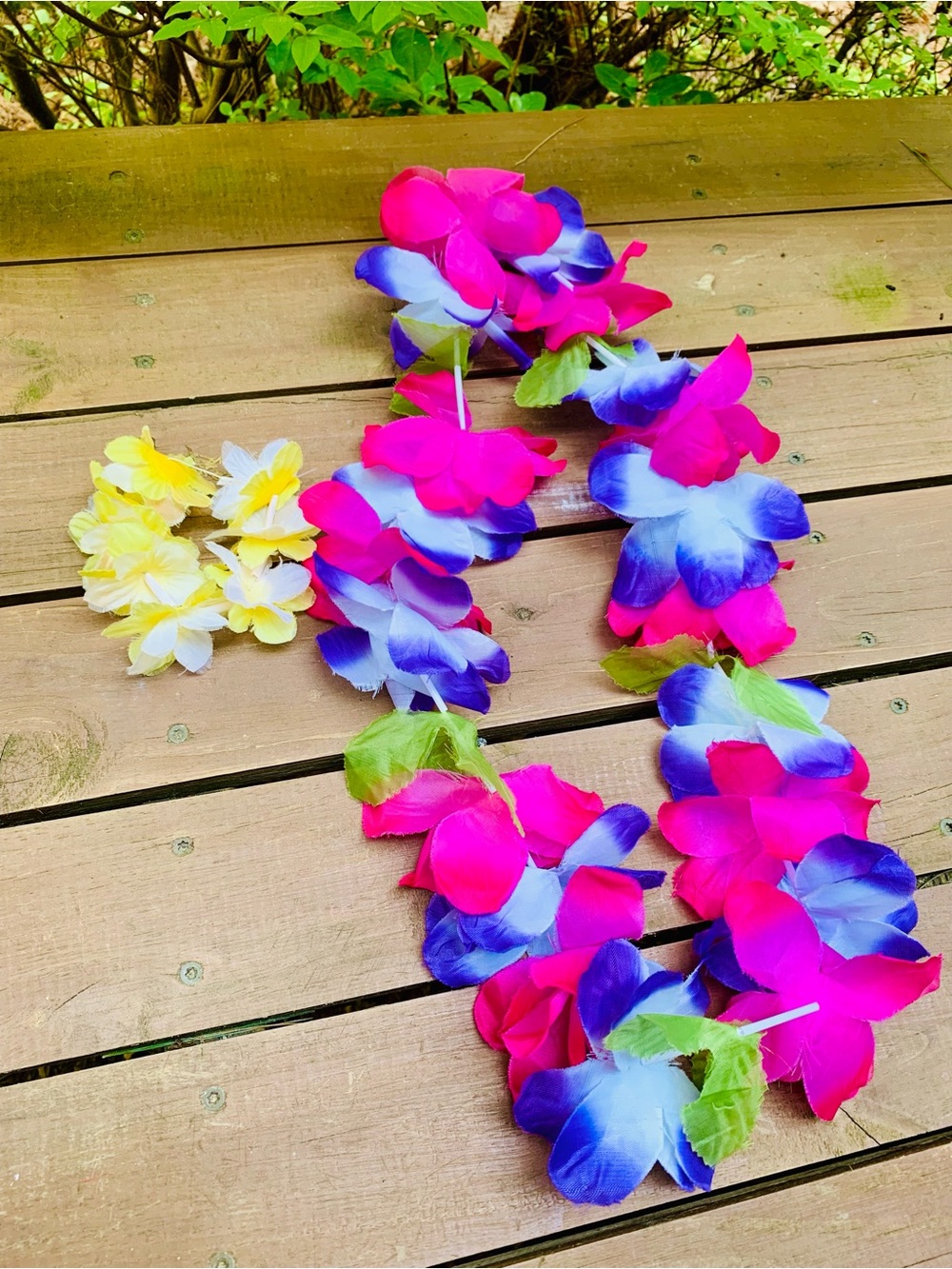 Vibrant Pink & Blue Tropical Flower Lei necklace with Yellow bracket style lei